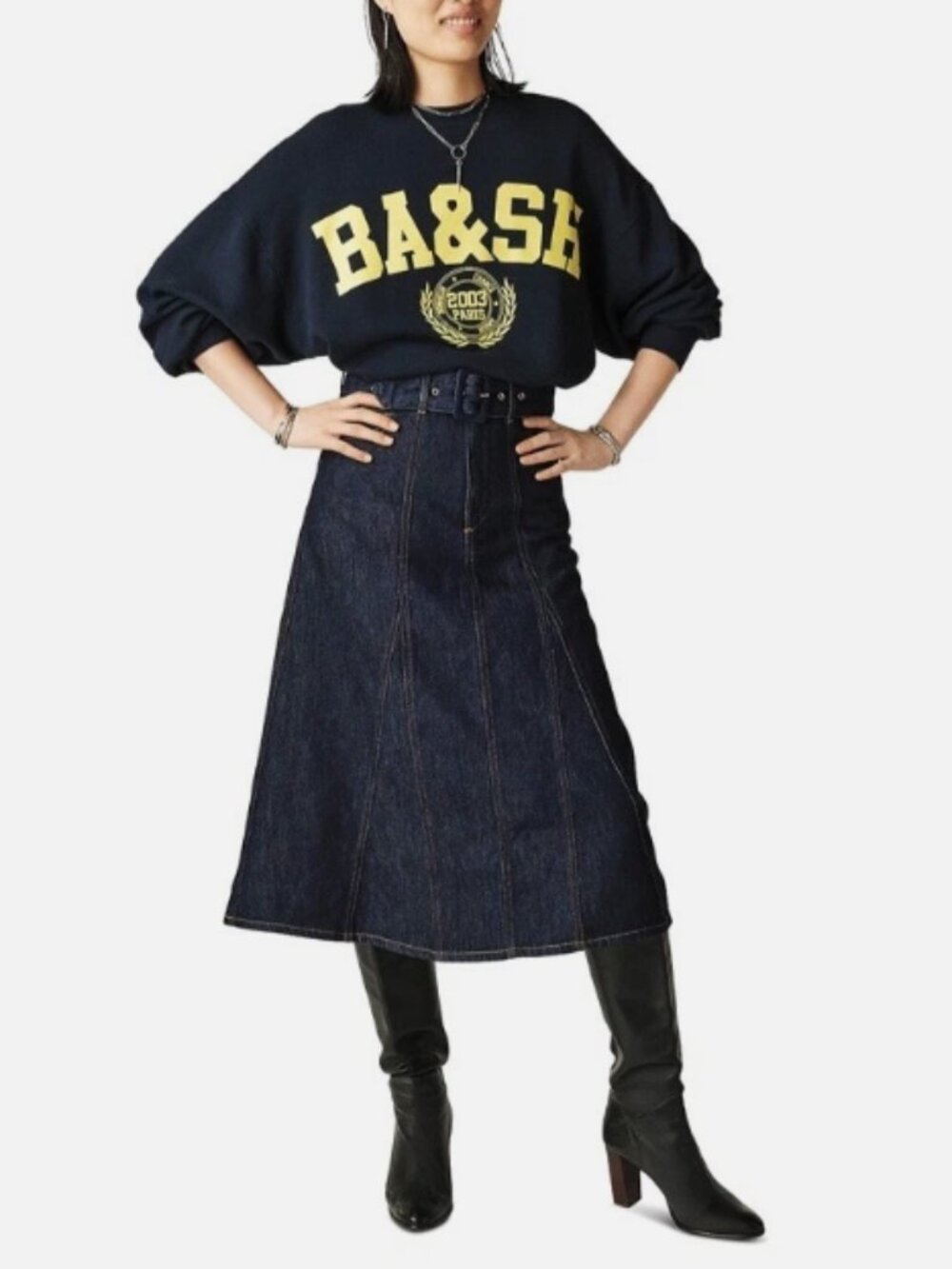 BA&SH Dakota Belted A-Line Denim Midi Skirt in Brut Blue Size 38 FR 6 US